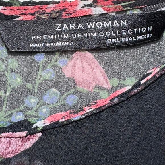 Zara Black Pink Floral Sheer Ruffle Long Sleeve Peplum Top Size Large - Picture 5 of 13